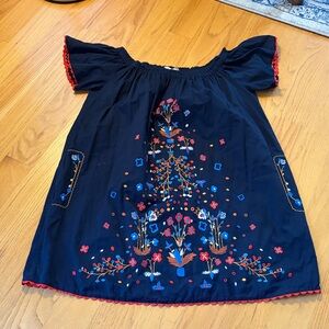 Tory Burch Wildflower Colorful Embroidered Off Shoulder Cotton Dress Navy size M